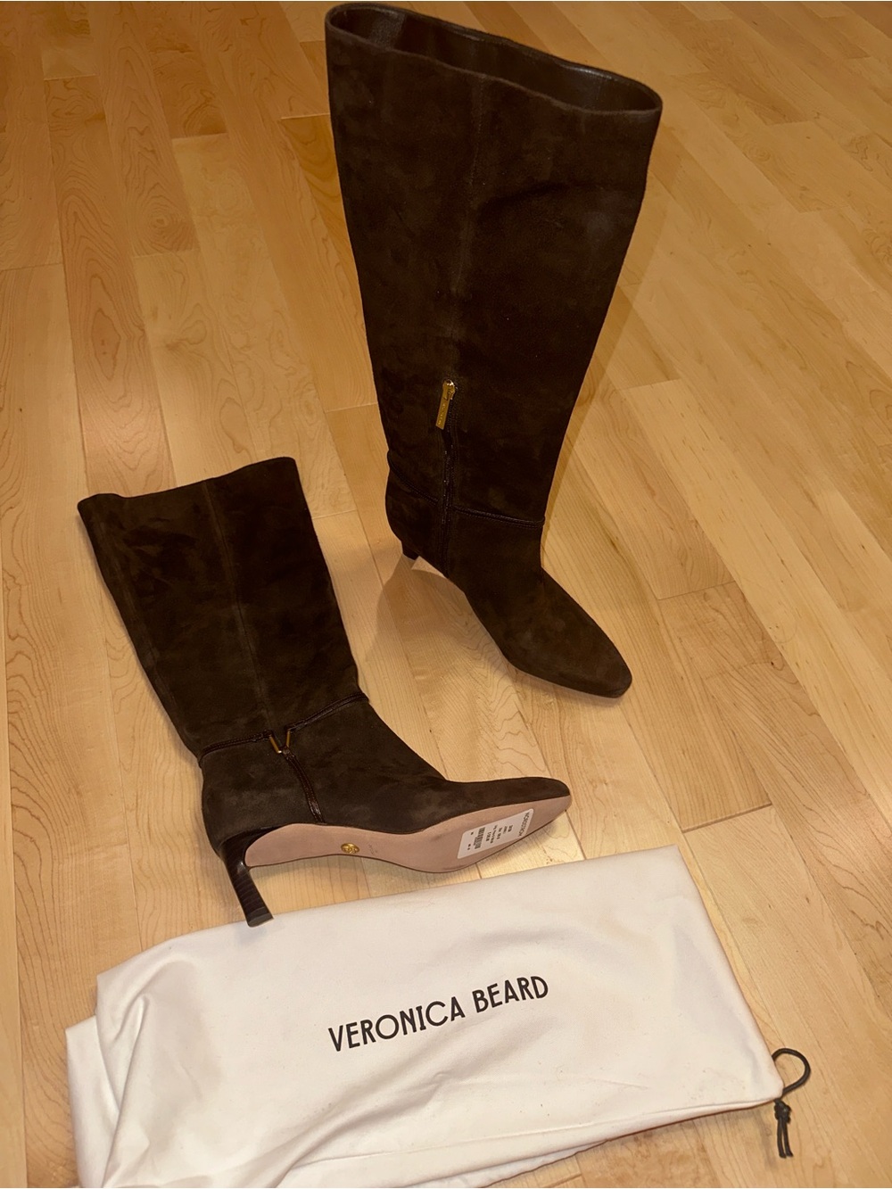 Veronica Beard Kenzie Suede Mid-Heel Tall Boot in Espresso | Wide-Calf $750.